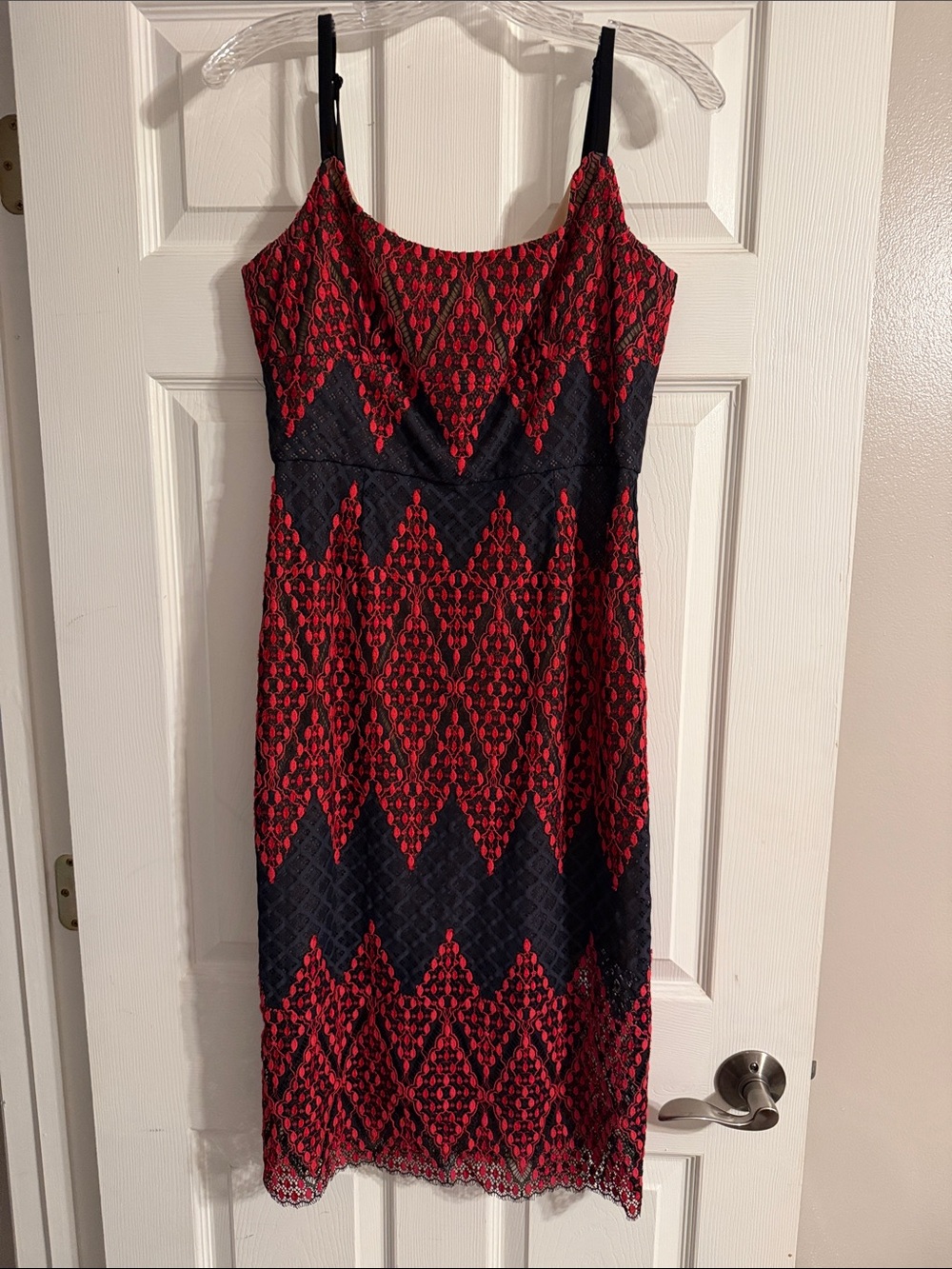 BCBG Red and Black Lace Midi Dress with Adjustable Straps